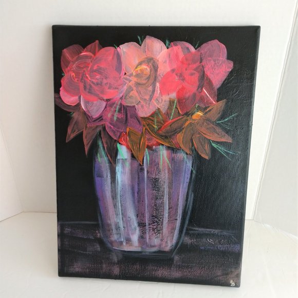 Handmade Painting Of A Vase Full Of Flowers Abstract Original Art 16x12 Canvas - Picture 10 of 16